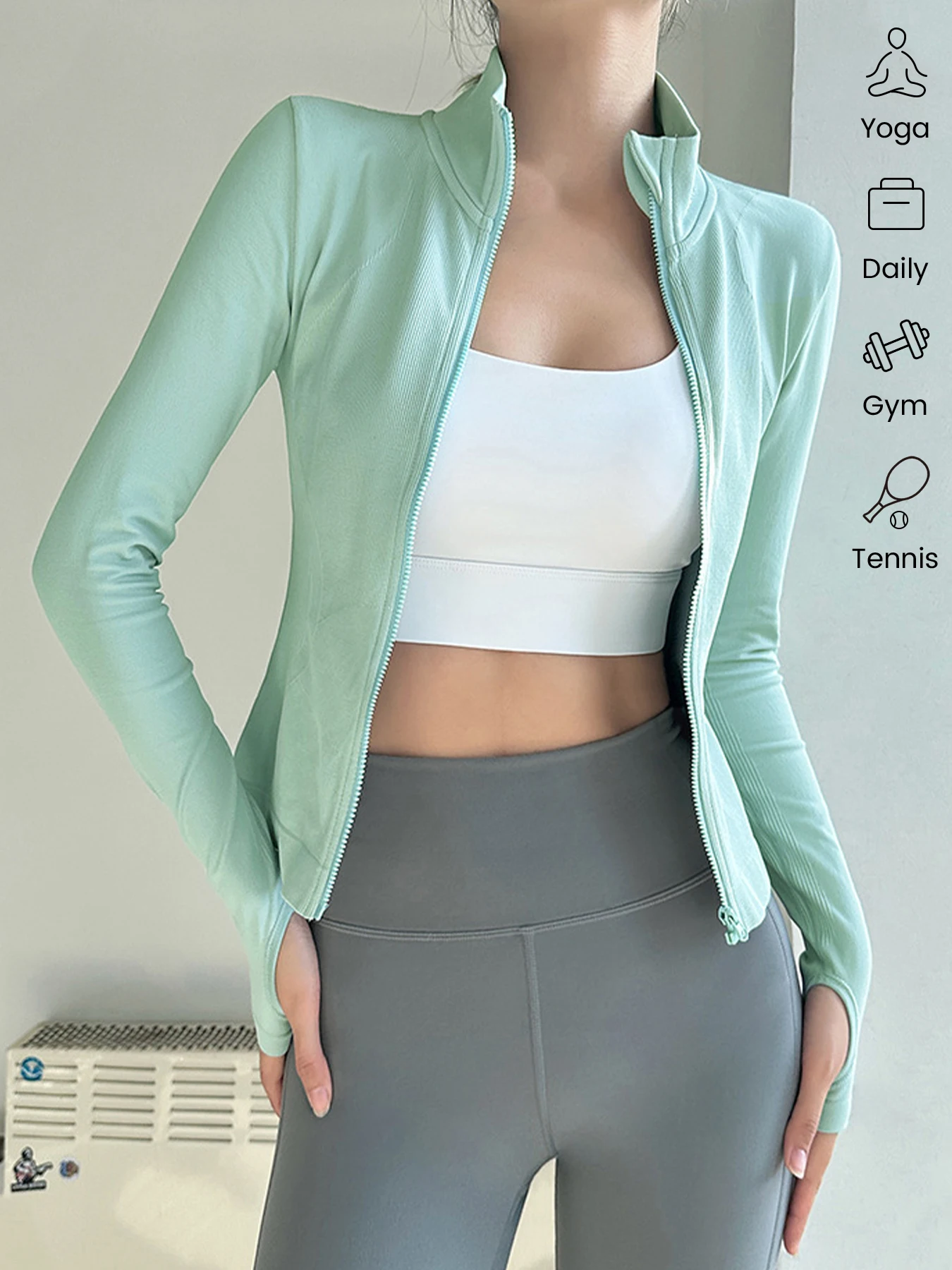 Women'S Midi Yoga Jacket, Full Zip Fitness Sportswear, Slim Fit, Knit Fabric, Medium Stretch, Solid Color, All Seasons