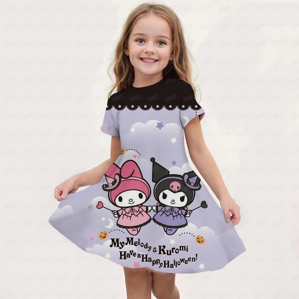 MINISO New Summer Girls Dress Fashion Cartoon Cute Cinnamoroll &Hello Kitty 3D Printing Dress Kid Short Sleeve Princess Clothing