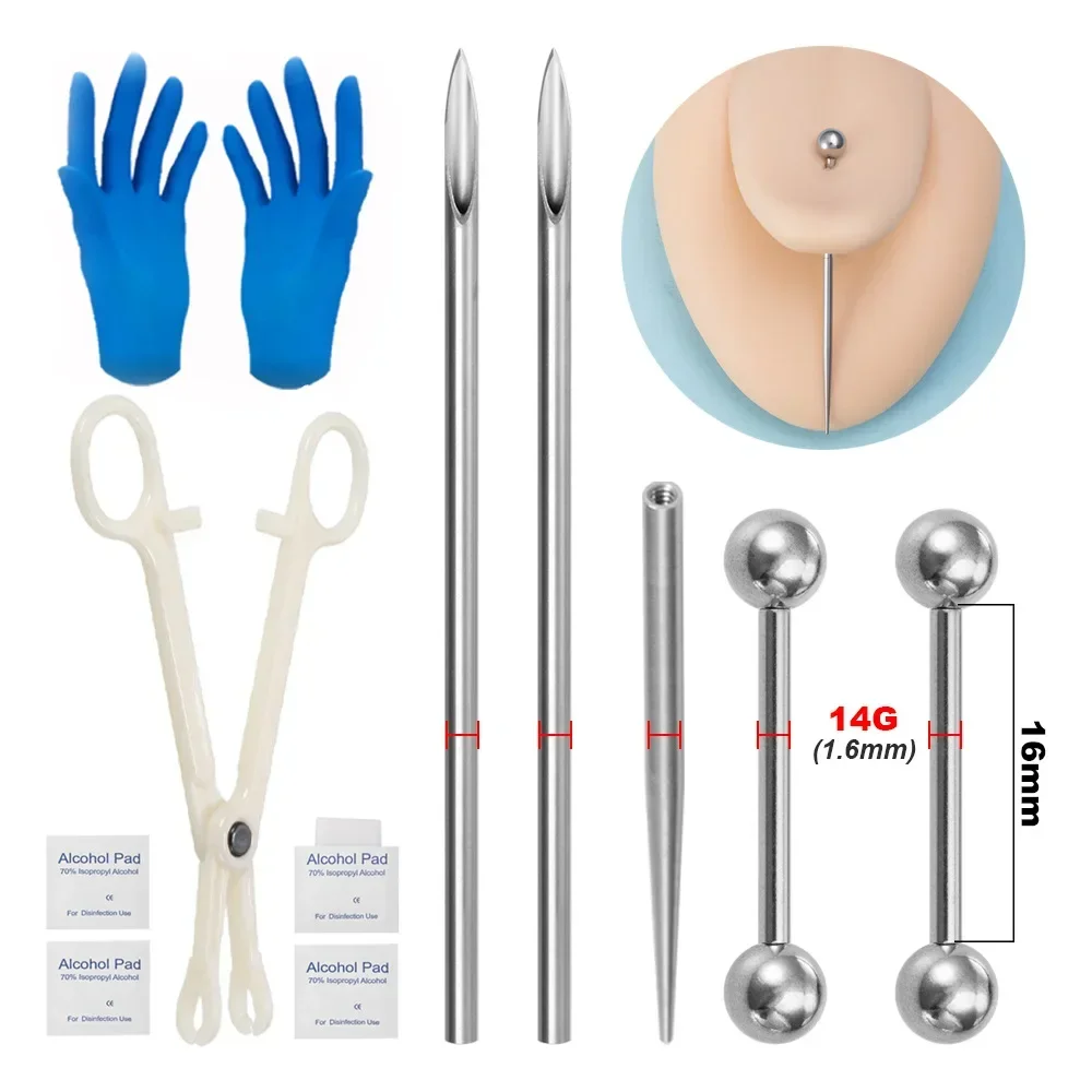 Body Piercing Kit Surgical Steel Threaded Taper Pin Needles Lip Nose Tongue Cartilage Eyebrow Navel Piercing Jewelry Tool Pliers