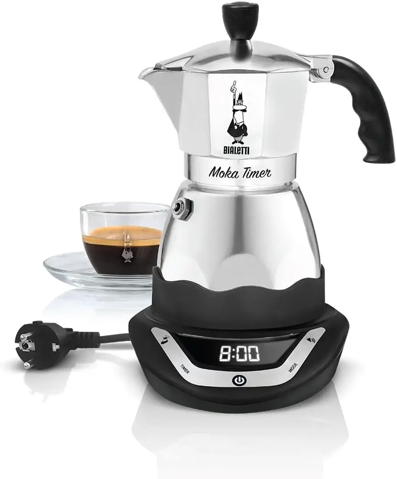 8006363009980 Bialetti Moka Easy Timer 3 tz Electric Coffee machin, Metallic