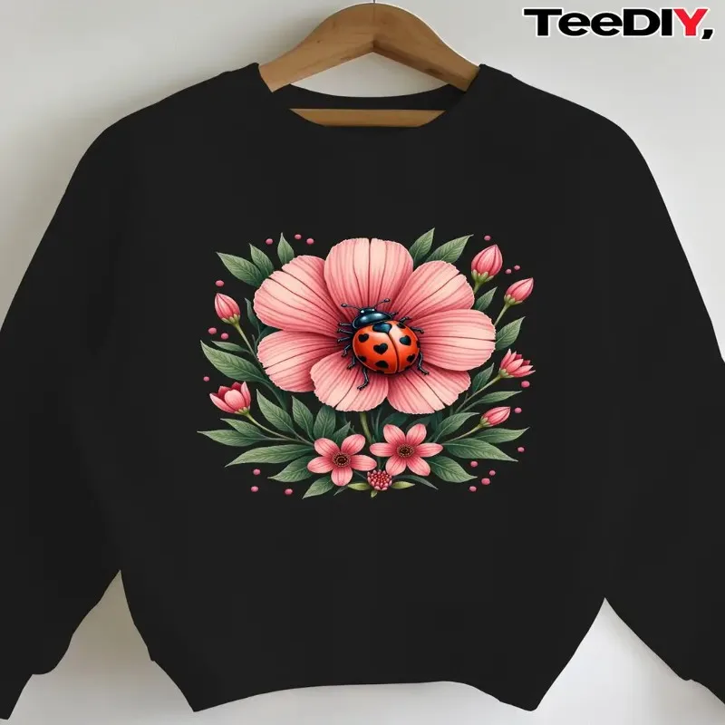 

Winter Fall Plus Size Women Clothes Oversize Female Sweatshirt Pink Ladybug Floral Heart Pure Cotton Fabric Fashionable Trendy