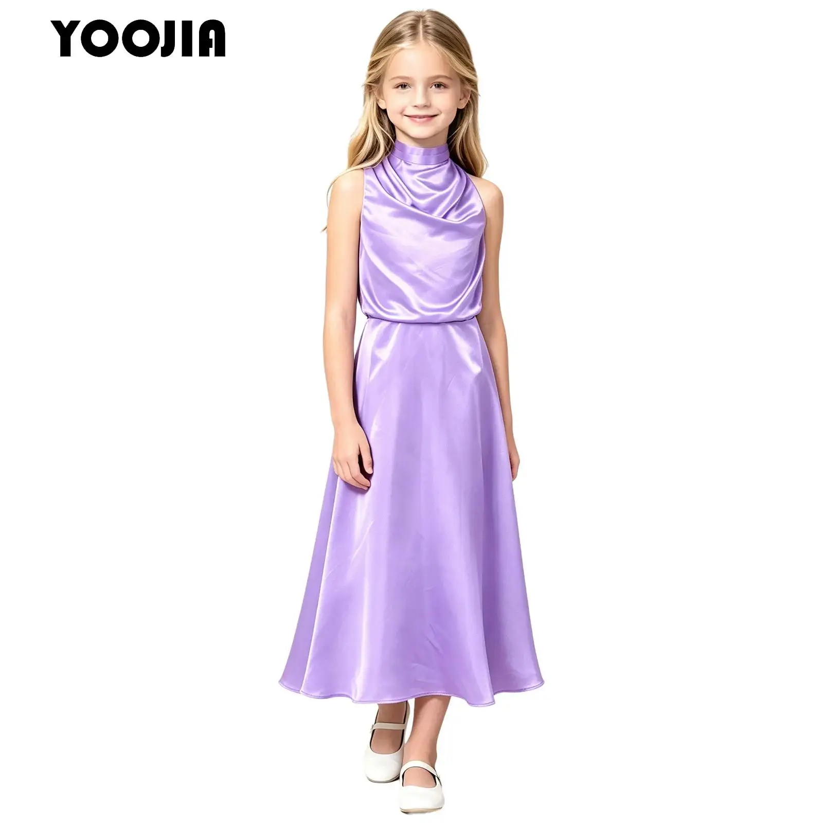 Kids Girls Formal Party Dresses Sleeveless Ruched Bodice Elegant Princess Dress Child Satin Wedding Gown for Pageant Banquets