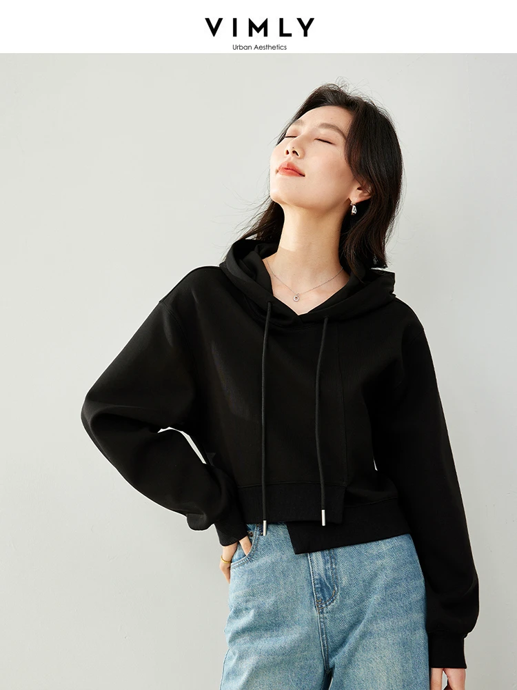 

Vimly Spring Casual Sports Black Hoodies Asymmetrical Hem Short Hooded Sweatshirts 2024 Women's Long Sleeve Top Clothing M5825