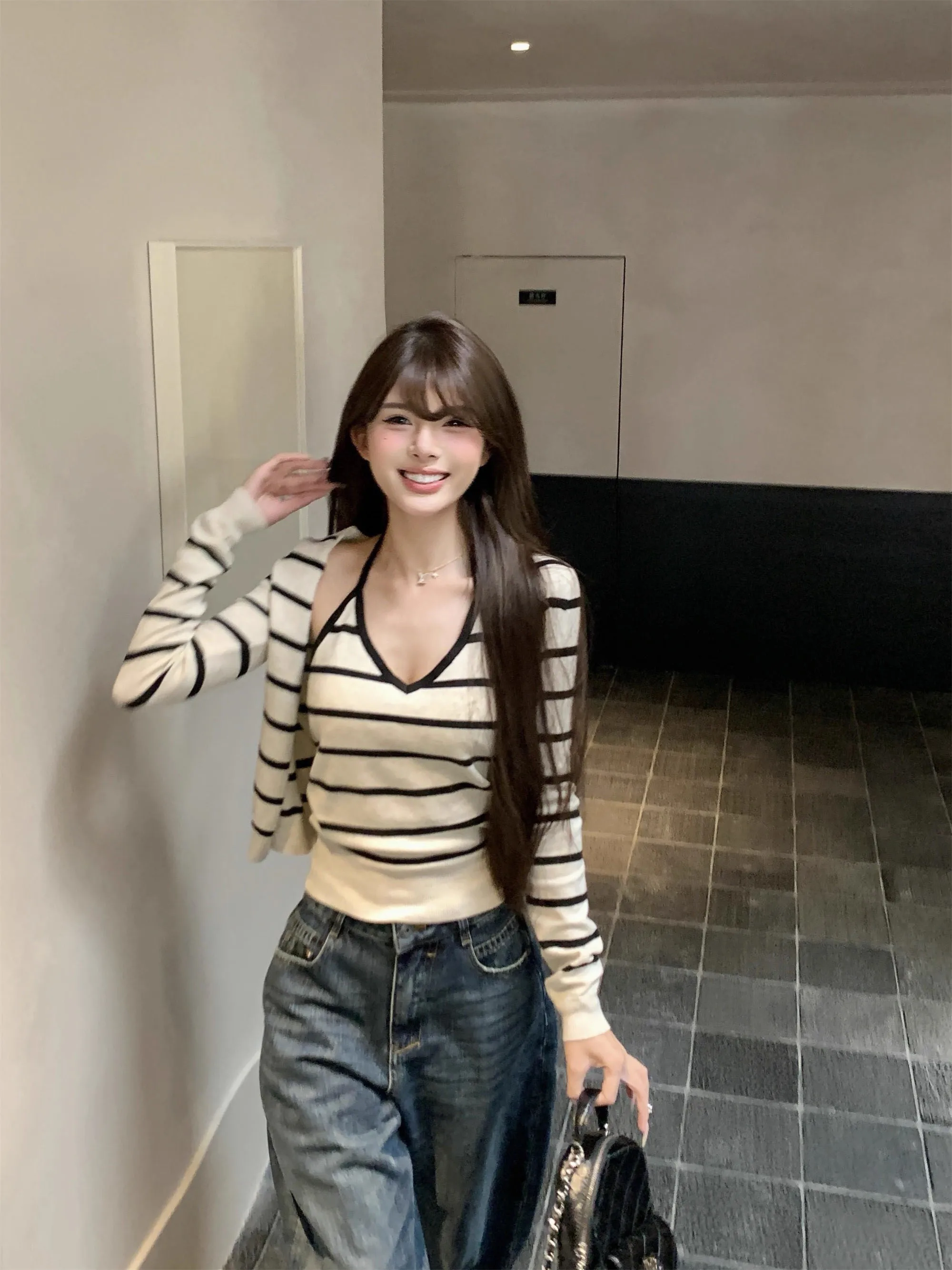 

Korean Sle Knitted Set Women's Long Sve Open Cardigan Slimming Strap Vest Two Piece Set Faionable Commute Sle Autumn...