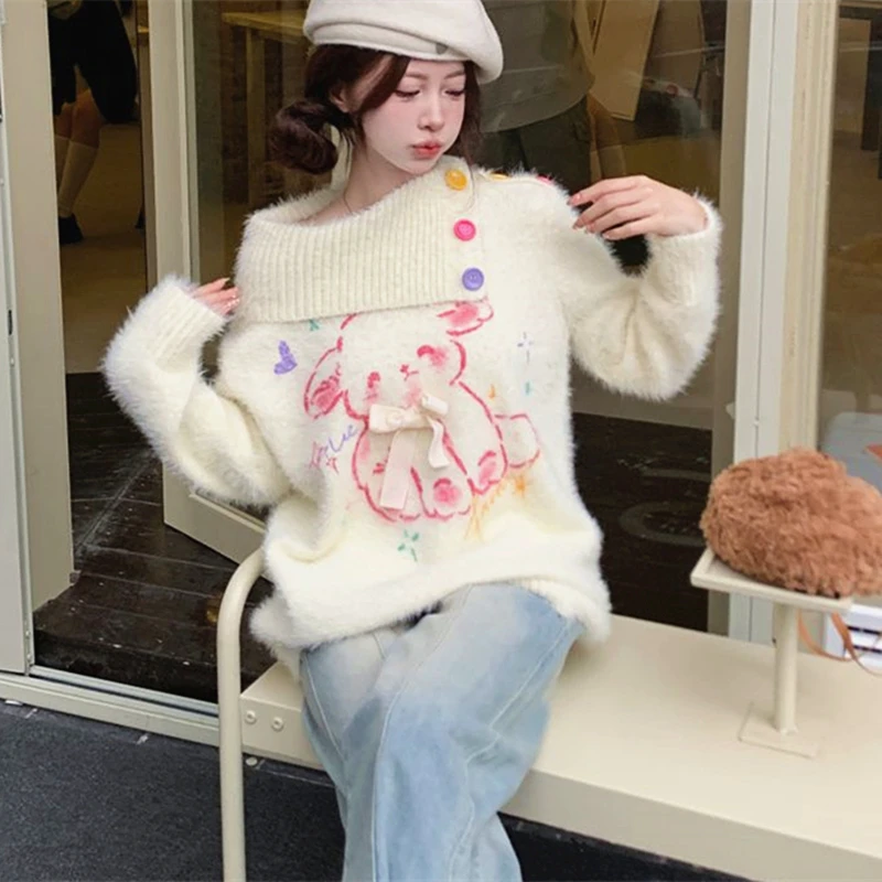 Super Soft Plush Winter Sweater Coat for Girls Cute Rabbit Y2K Printed Lapel Turtleneck Thicken Pullover Women Kawaii Clothes