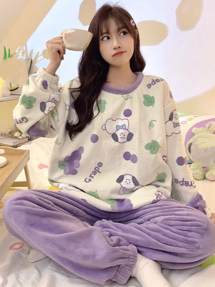 

Girl Coral Fleece Pajamas Kawaii Autumn and Winter Sweet Girl Suit Cartoon Puppy Long Sleeves Pants Homewear Dopamine New Style