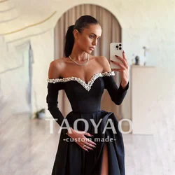 New A Line Evening Dresses Off Shoulder Pearls Satin with High Slit Wedding Dress Party Dresses Prom Dress Vestidos De Fiesta