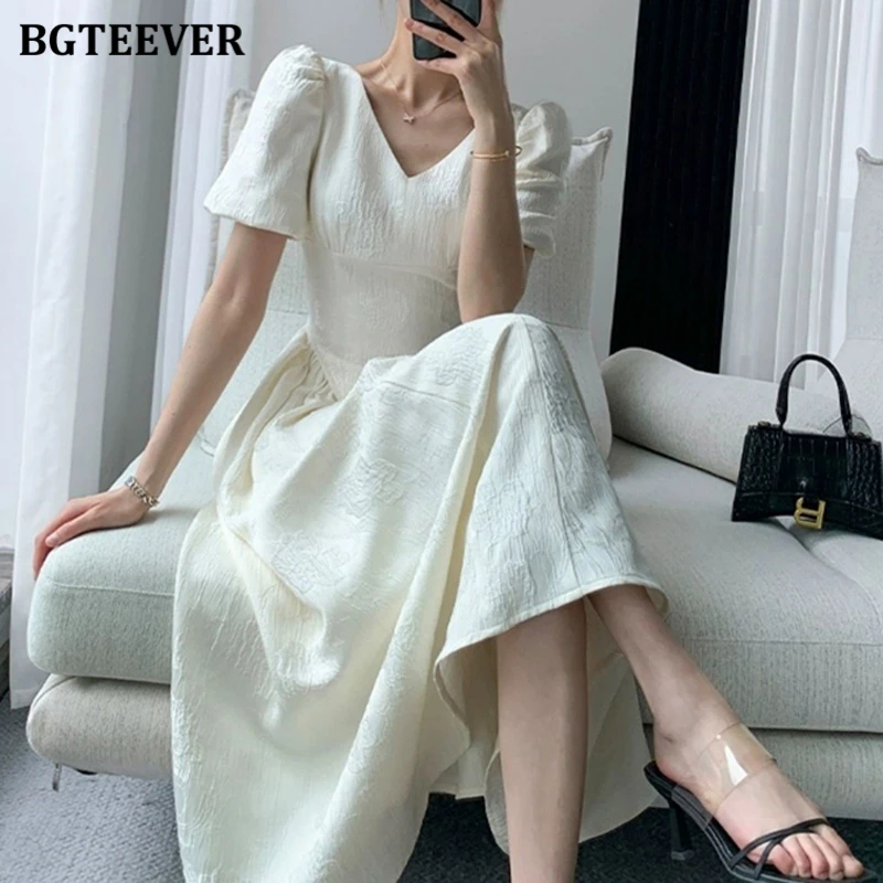 BGTEEVER Vintage Puff Sleeve Women Mid-Length Dress Summer V-neck Slim Waist Female A-line Dress Elegant Ladies Solid Dress