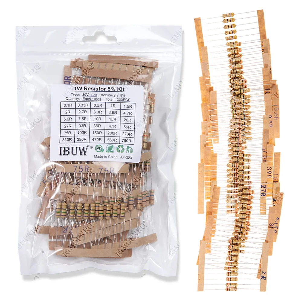 150PCS 300PCS Resistor Kit 1W 2W 3W 5W 5% 30Kinds X 10PCS Carbon Film Resistance 0.1-750 ohm Set 1k-820K 30Kinds X 5PCS hjxrhgal