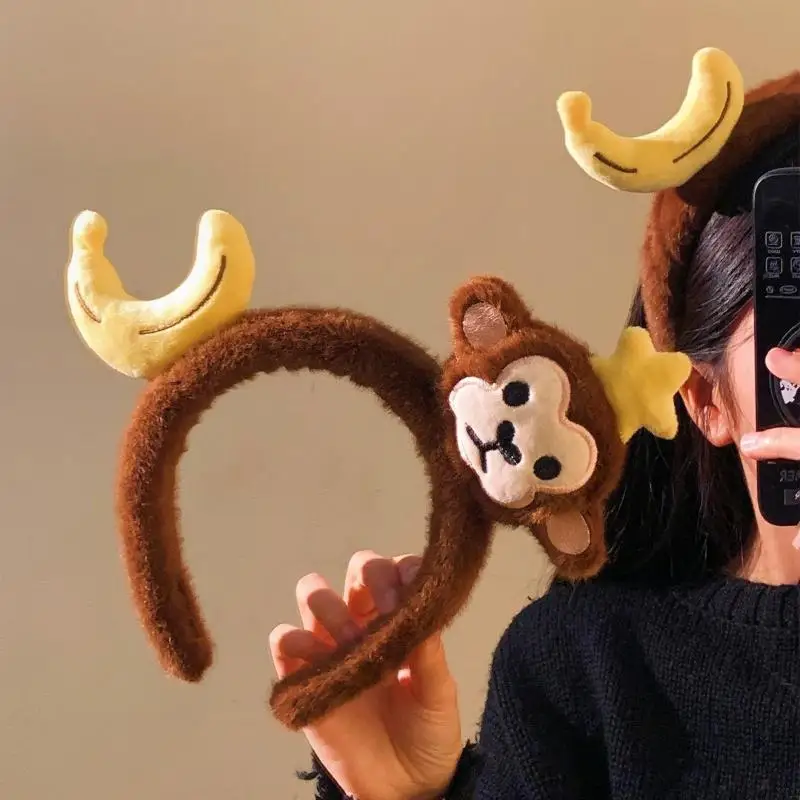 1Pcs Soft Faux Plush Monkey Hairband Funny Banana Hair Hoop Cartoon Animal Headbands Creatures Theme Party Costume view 3