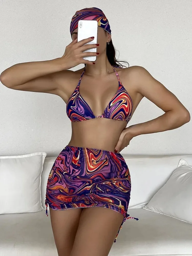 2024 New Wave Print Swimsuit Sexy Bathing Suits 4 Piece Bikinis Beach Sarong Micro Thong Swimwear Women Beachwear