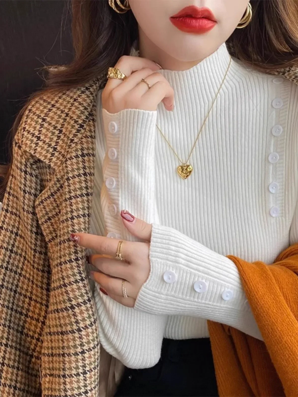 

Female Long Sleeve Button Knit Bottoming Tops Autumn Winter Mock Neck Slim Skinny Elastic Knitted Sweater Women Solid Pullover