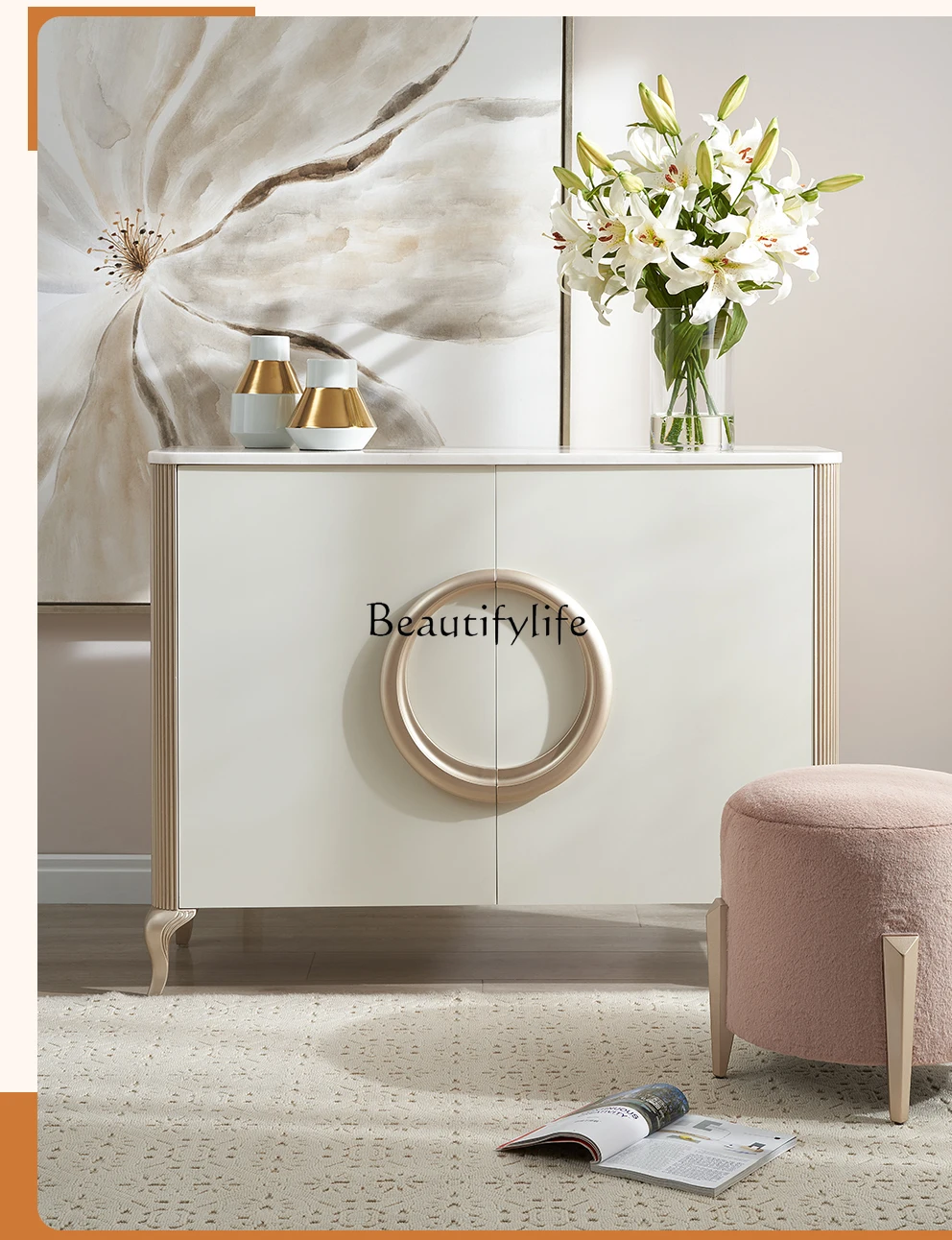 

02 French light luxury solid wood dining side cabinet marble entrance living room bedroom locker