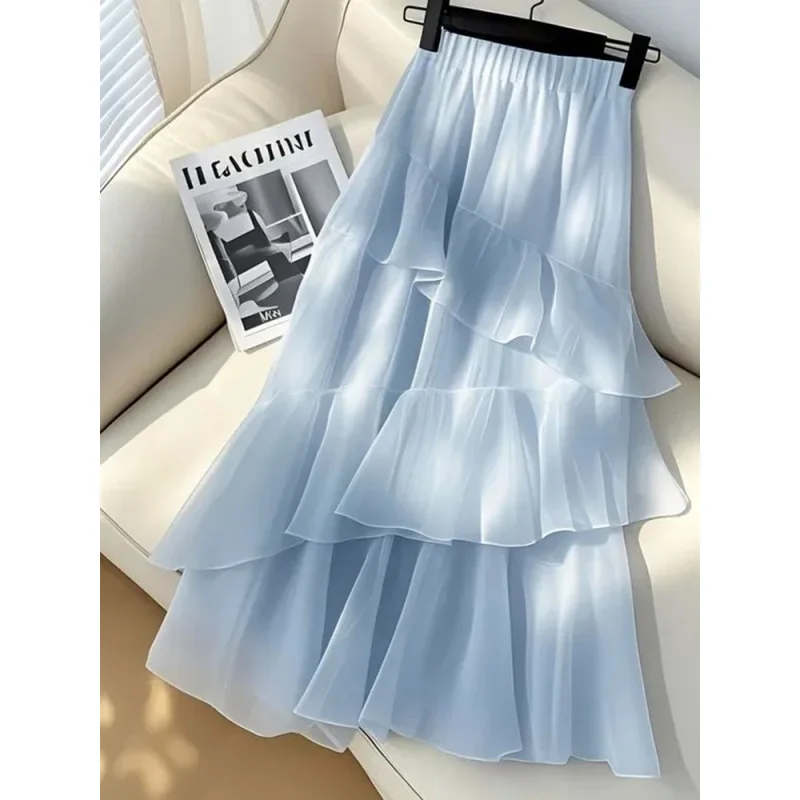 

Шикарная шифоновая длинная юбка с оборками, женская элегантная модная милая юбка с высокой талией, корейская повседневная мягкая женская синяя длинная юбка для женщин
