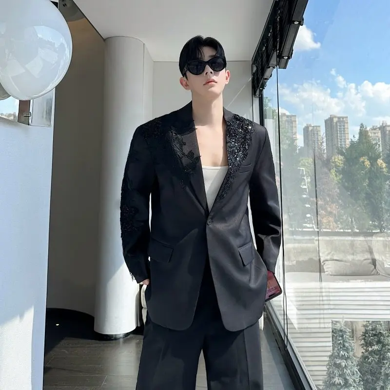 

Модный городской мужской повседневный пиджак с пайетками и объемной вышивкой, стильный, трендовый, с длинным рукавом, однотонный