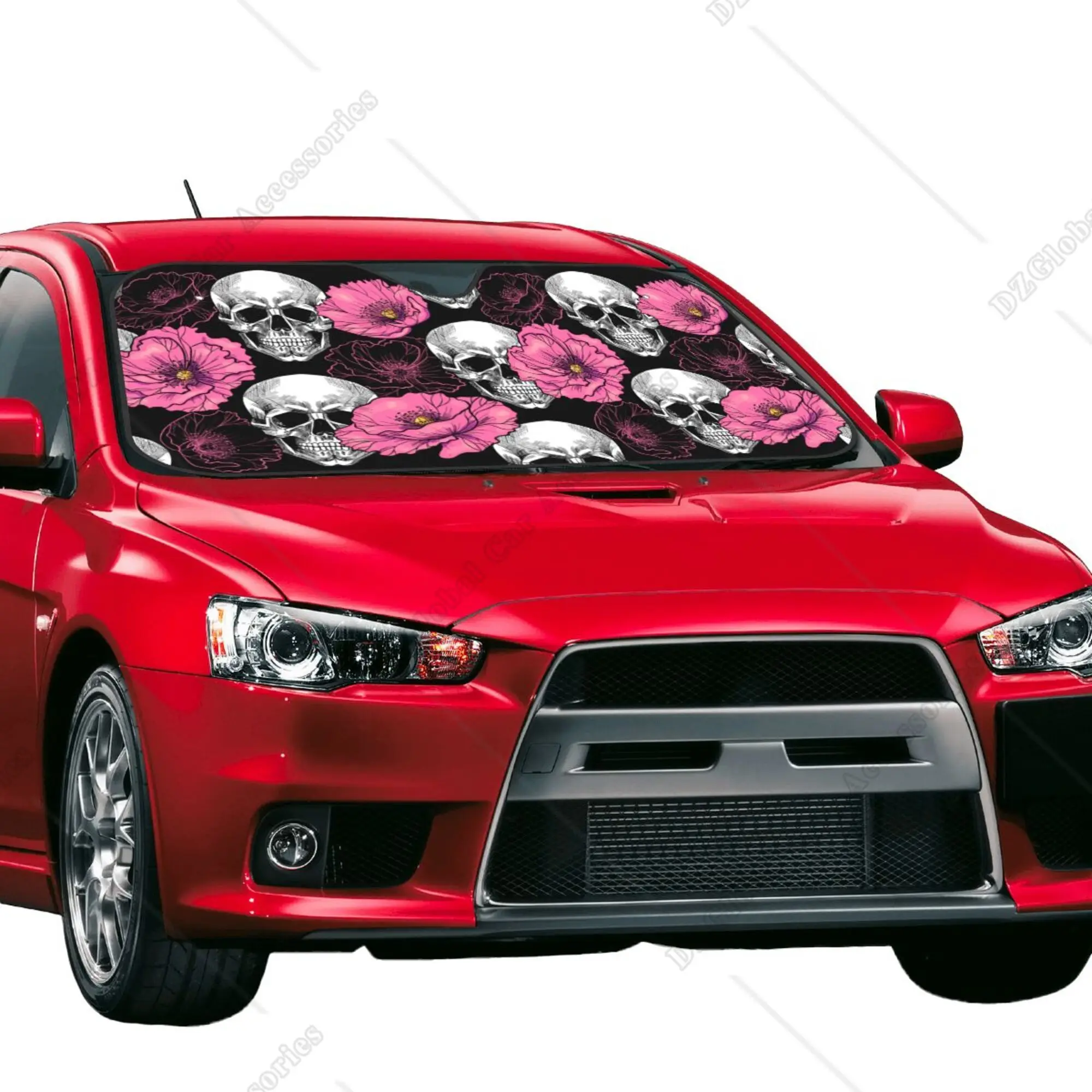 Skull and Pink Poppies Car Windshield Sun Shade Auto Sunshade for Car Truck SUV-Blocks Rays Sun Visor Protector 51 X 27.5 Inch