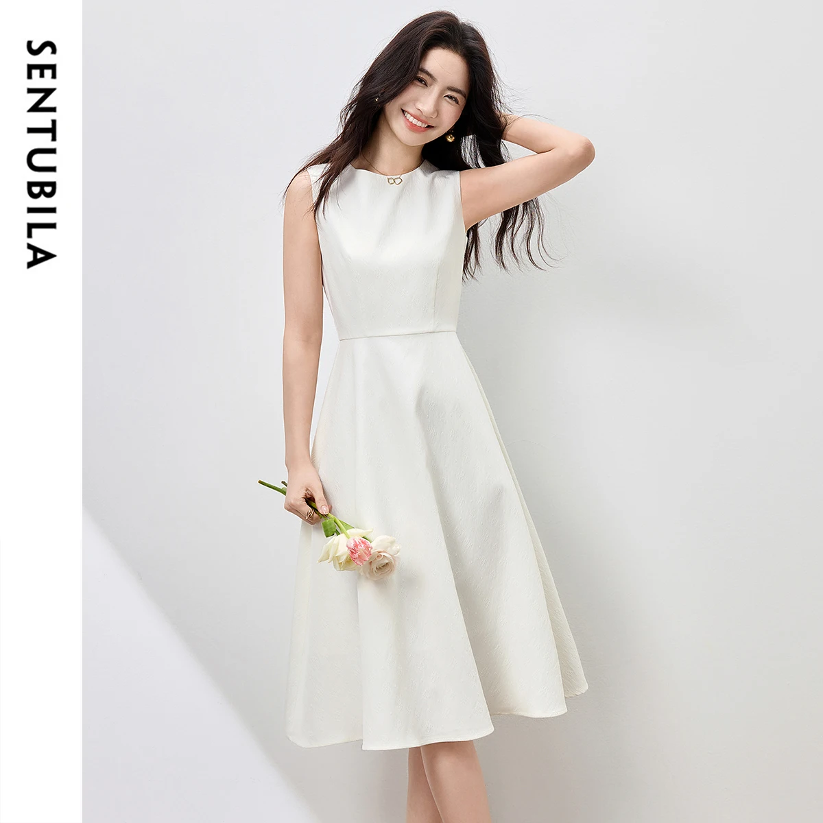 

SENTUBILA Evening Dresses 2025 Woman Summer Sleeveless Mid Length A-line White Dress Commute Elegant White Dress 152L59139