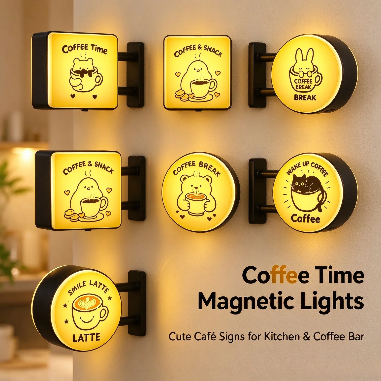 LED Magnetic Coffee Badge Light Cute Coffee Time Sign Warm Yellow Light for Kitchen Coffee Bar Shop Decor