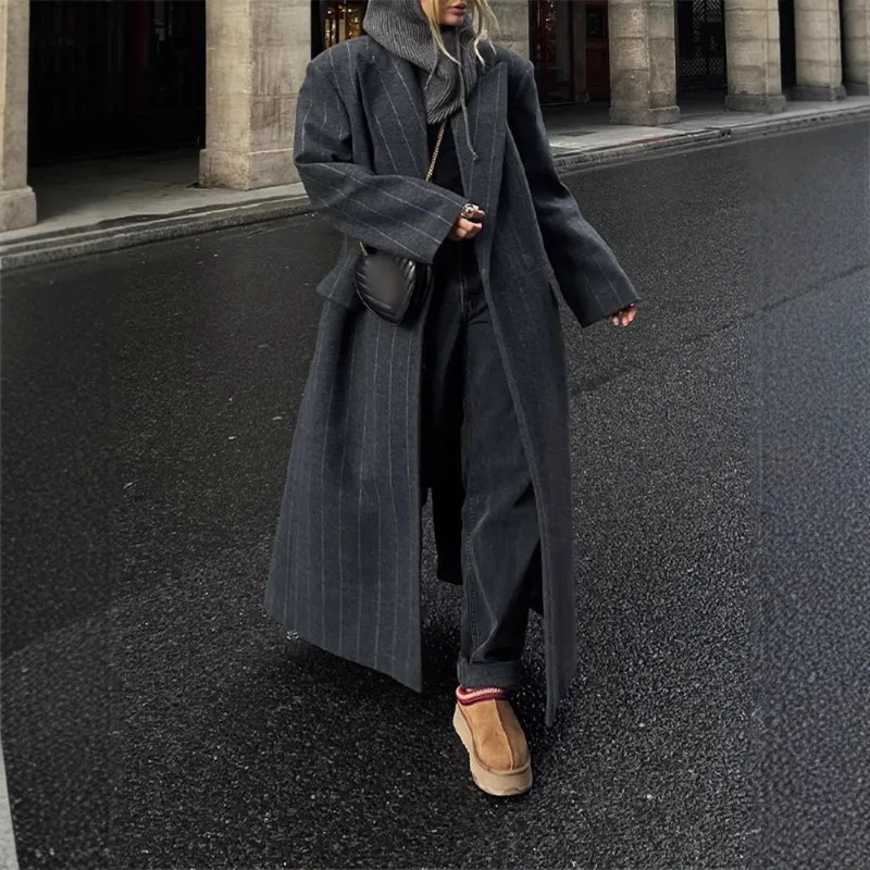 الرجعية مخطط التلبيب معطف طويل الصوف المرأة عادية فضفاض رمادي غامق معاطف كبيرة الحجم الإناث الشتاء أنيقة شيك أبلى