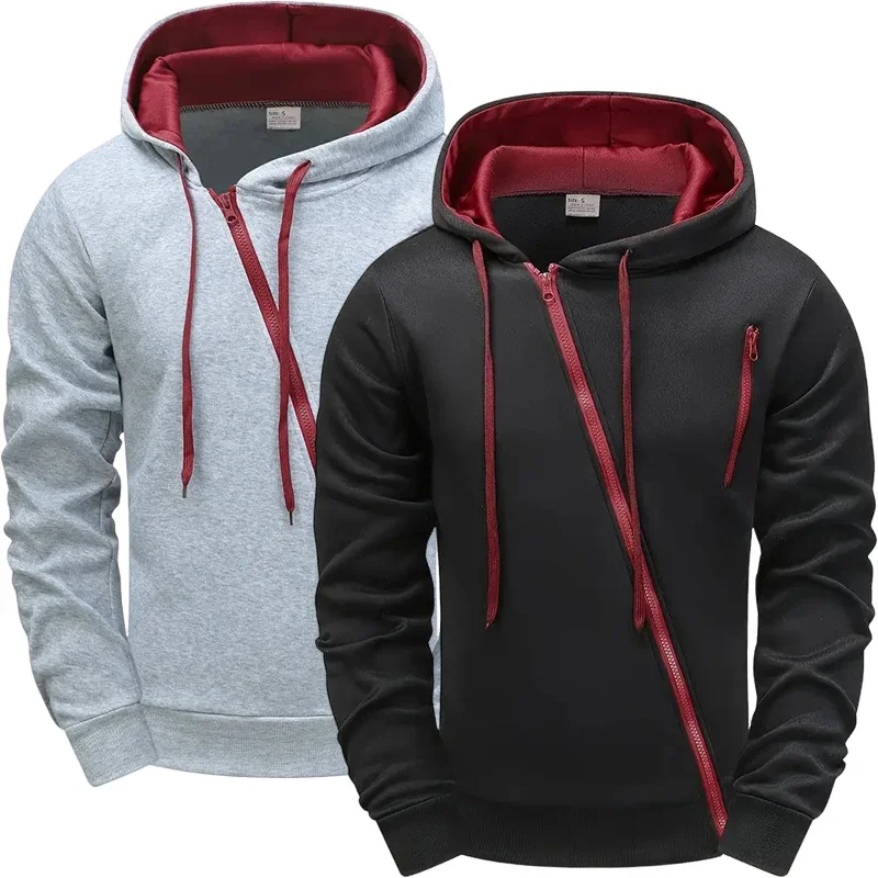 2025 Hot Sale Men's Hoodie Creative Diagonal Zipper Sweatshirts 2025 Autumn Winter Male Daily Casual Sporty Motorcycle Outwear
