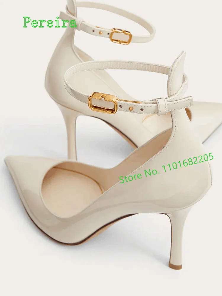 

2024 White Stiletto Pumps Solid Pointed Toe Thin High Heel Ankle Strap Buckle Leather Women's Fashion Sexy Shoes for Footwear