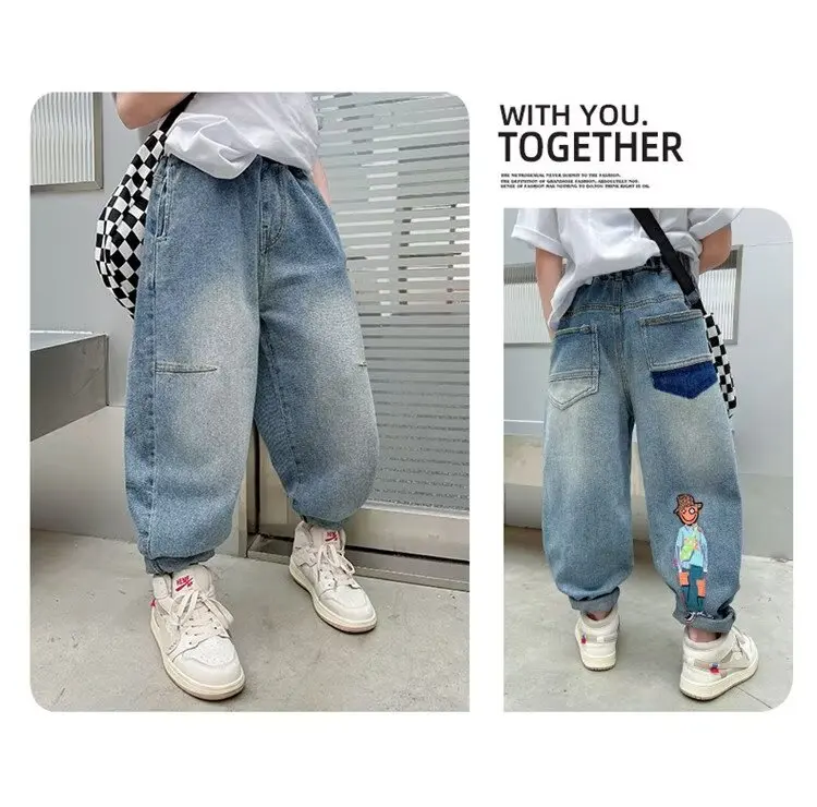 Spring Autumn Kid Boys Denim Pants Pockets Children Boys Jeans Loose Exterior Stylish Students Boys Pants 2-10 Years Students