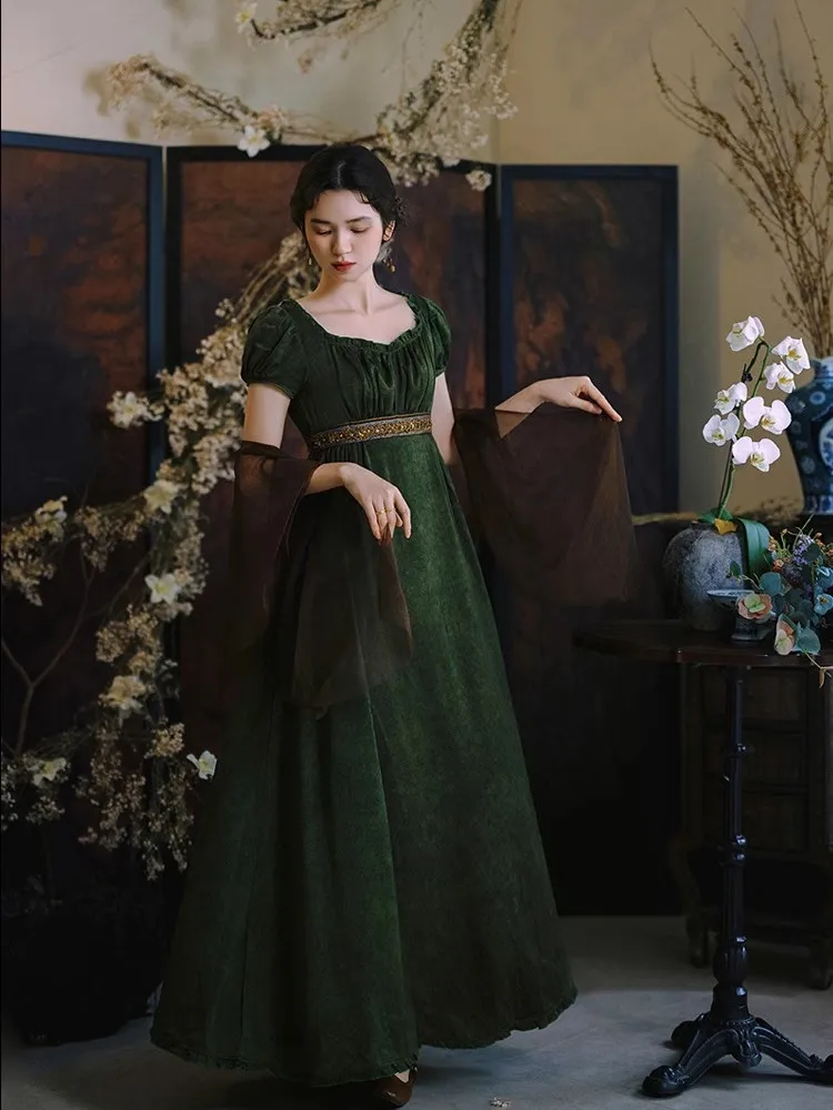 84-96 cm Abito lungo verde busto Abito stile corte vintage da donna Elegante collo quadrato sottile Perline Paillettes Abito imperiale a vita alta