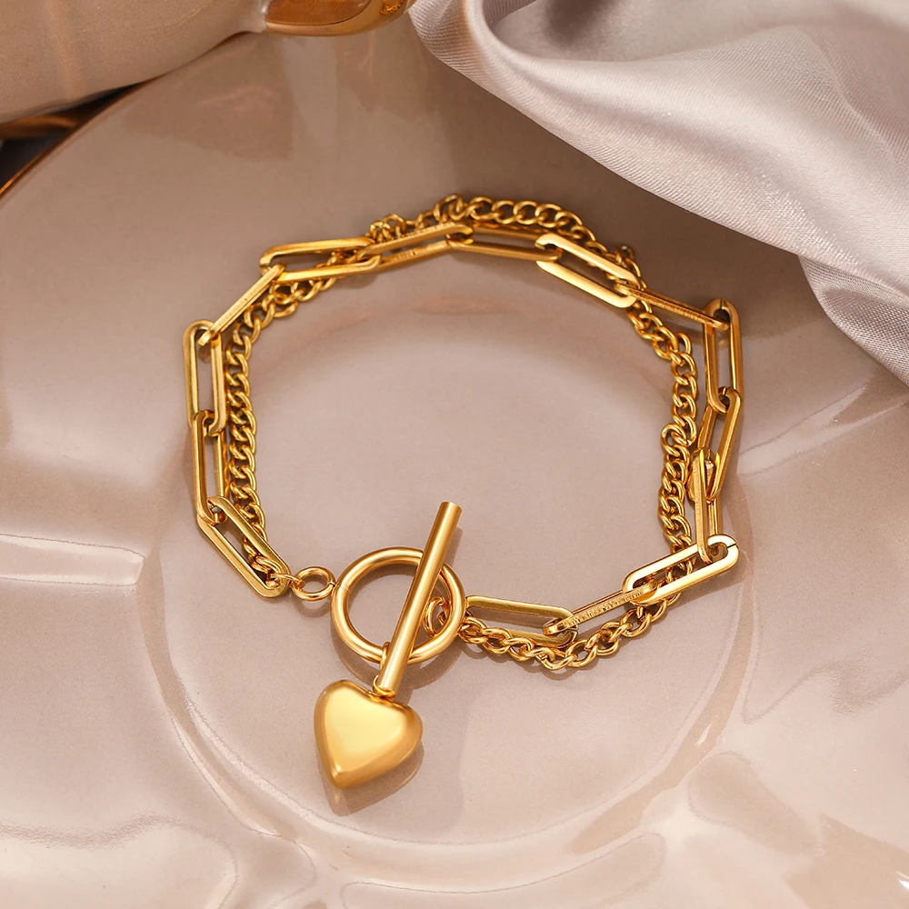 Stainless Steel Bracelets Elegant Vintage Heart Pendant Chain Korean Fashion Y2K Hip Hop Statement Bracelet For Women Jewelry