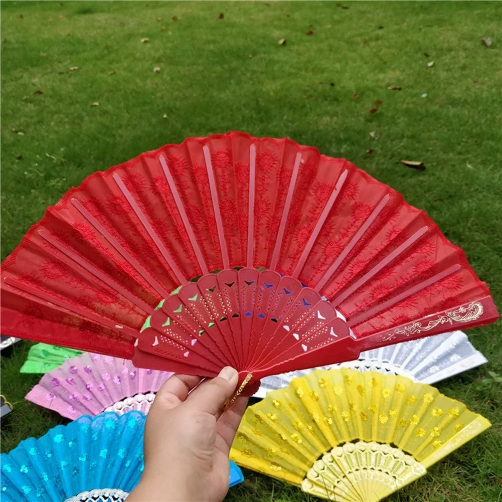 Multicolor Plastic Satin Silk Folding Fan, Hand Held Decoração, Estilo Espanhol, Novo Partido Chinês