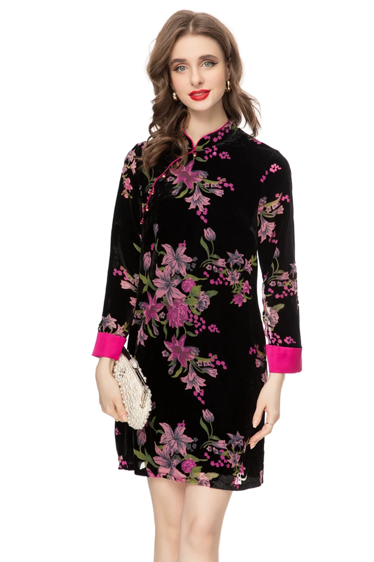 Women's Runway Dresses Mandrin Collar Long Sleeves Printed Beaded Fashion Short Velour Velvet Vestidos