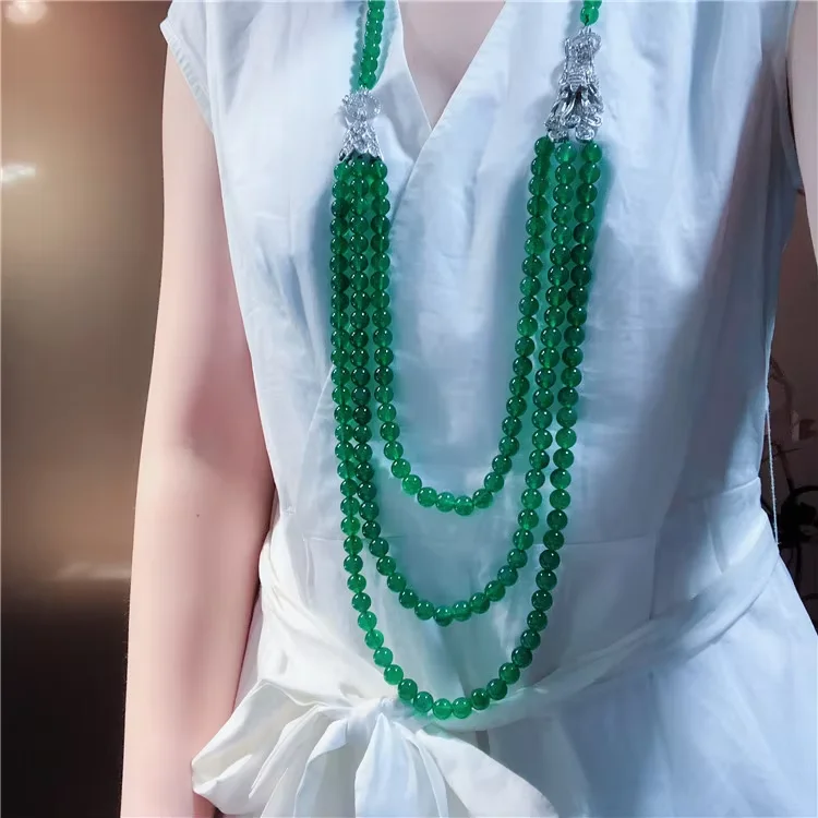 Women's Green Agate 3 Strands  long sweater Necklace