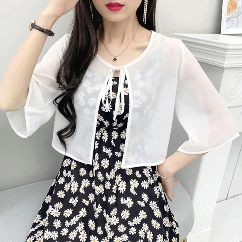 Korean Solid Chiffon Transparent Sunscreen Clothing Shawl Female Summer Blouse Cardigan Neck Guard Cloak Silk Scarf R13