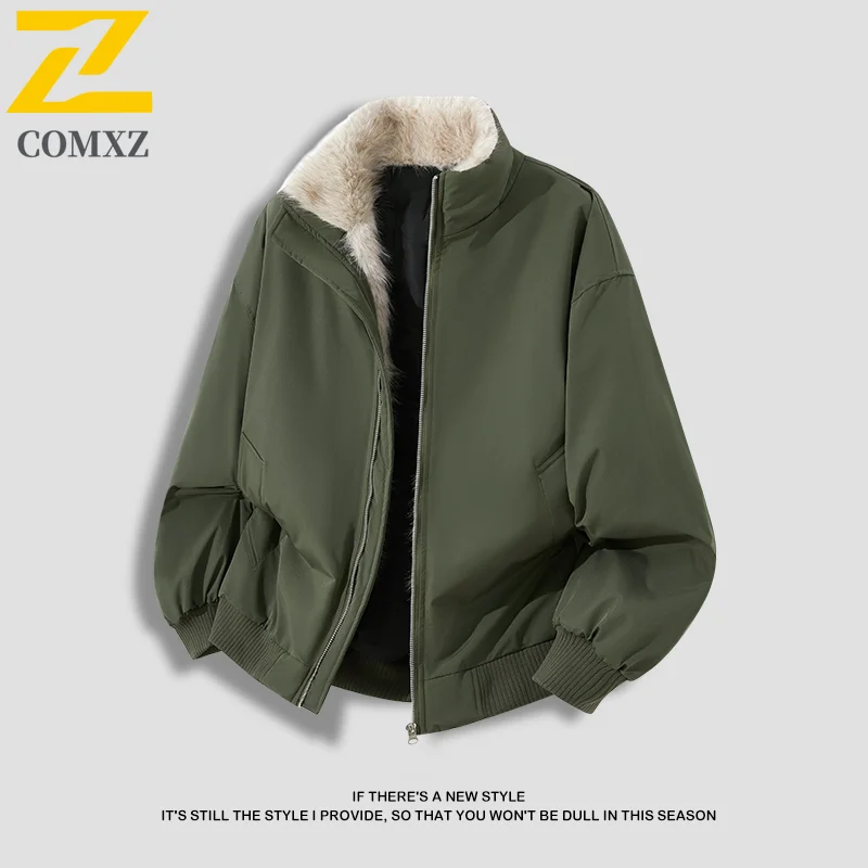 

Winter Fleece Jacket Stand Collar Warm Thickened Snow Ski Camping Cotton Padded Jacket Travel Loose Solid Color Men's Clothing