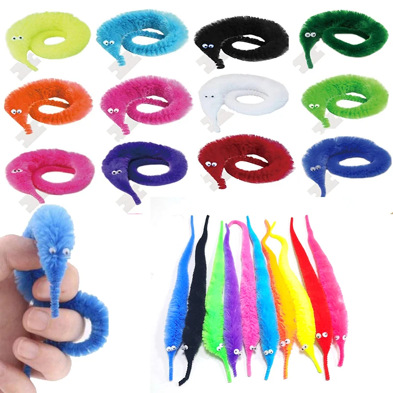 12 Colors Fuzzy Worm Magic Props for Children Kids Beginners Wiggly Twisty Worm with Invisible String Party Favors Trick Toys