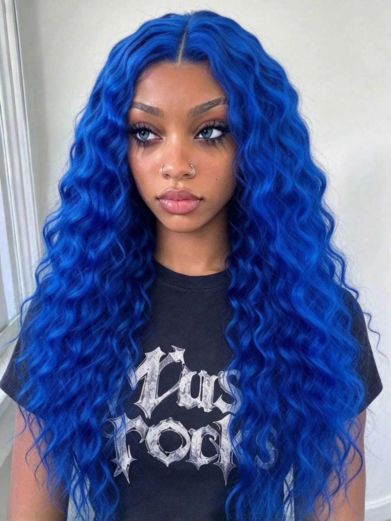 Dark Blue Deep Wave Human Hair Lace Front Wigs With Baby Hair 200% Density 12A Glueless Kinky Curly Human Hair Wigs Pre Plucked Bleached Knots Blue 13x4 HD Transparent Lace Frontal Human Hair Wigs For Women Daily Party Cosplay Use For Women