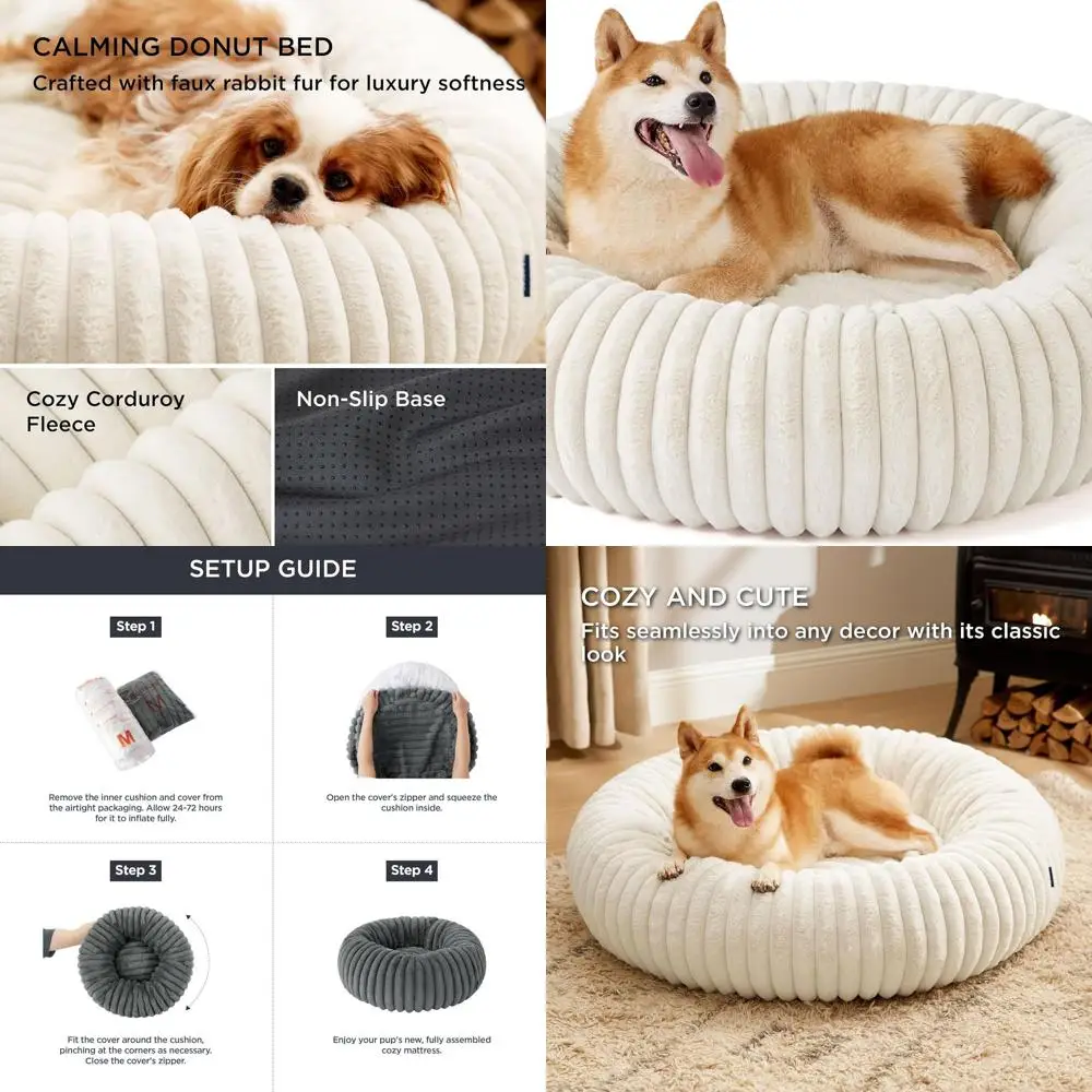 

Cream Round Washable Faux Fur Dog Bed with Corduroy Fleece & Anti-Slip Base, Removable Cover, 36x36x8 inches
