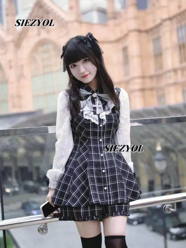Sc Lolita Dress Set Black White Mass-production Slimming Bow Lace Japanese-style Cinched Waist Bodycon Dress and Shorts Outfits - view 4