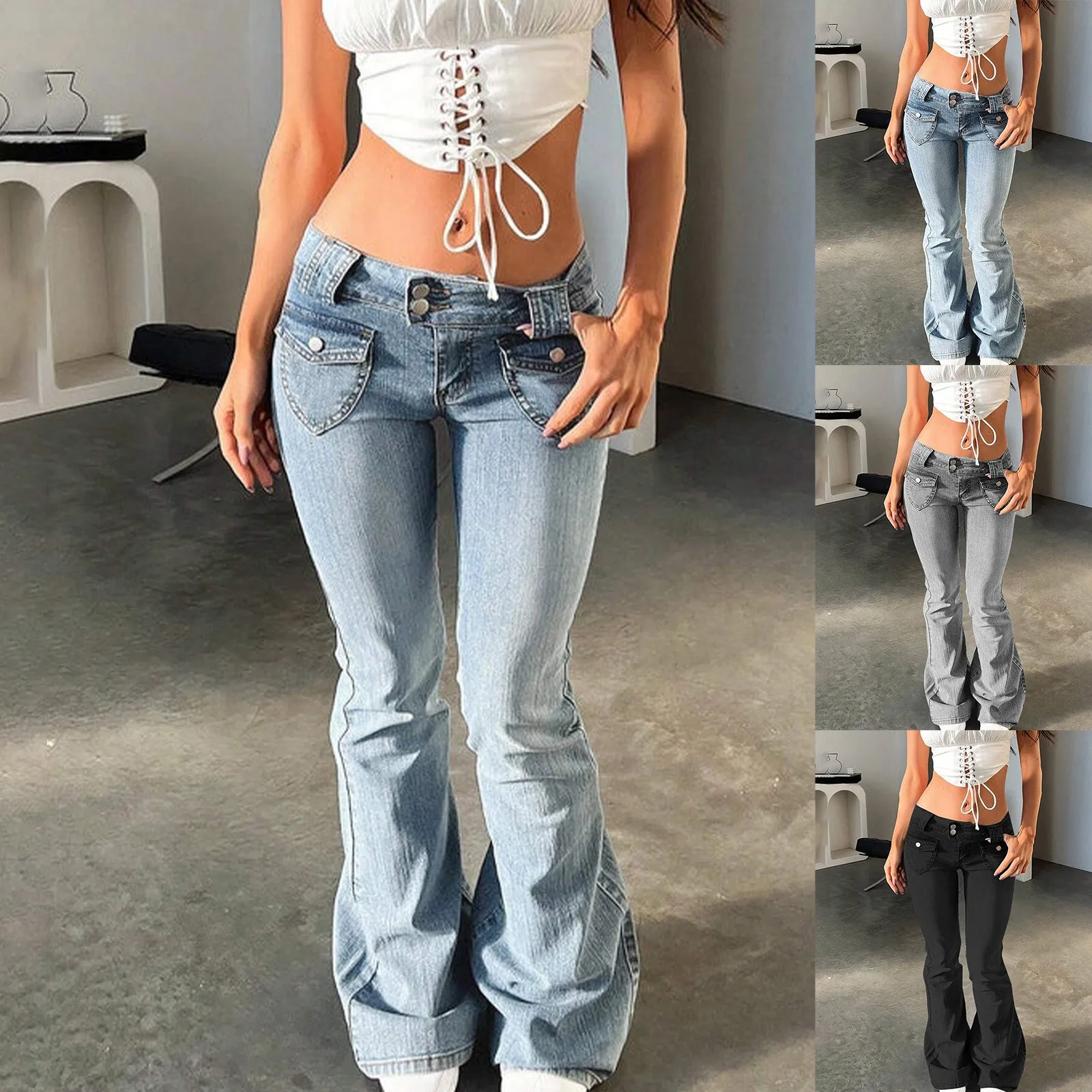 

Женские шикарные Y2K сексуальные облегающие джинсы с низкой талией, эластичные модные уличные брюки-клеш, удобные джинсы в корейском стиле в стиле ретро