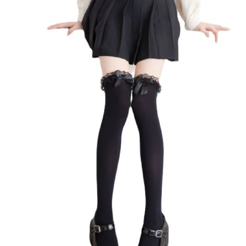 Women Thigh High Socks Lolita Gothic Over Knee Lace Up Thigh Stocking Cosplay Maid Girls Lace Top Sexy Cotton Socks Kawaii Style