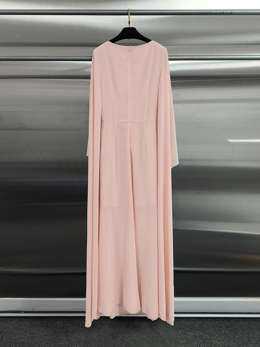 GALCAUR Solid Spliced Ruched Slimming Maxi Dress for Women Round Neck Long Sleeve Patchwork Zipper Casual Dresses Female Fashion