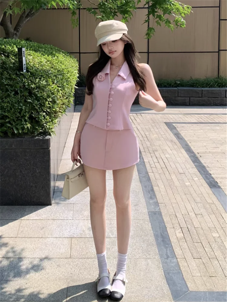 Sweet Spice Girl 2 Pieces Pink Suits New Summer Celebrity 2pc Sleeveless Halter Short Vest Top&High Waist Mini Pencil Skirt Sets