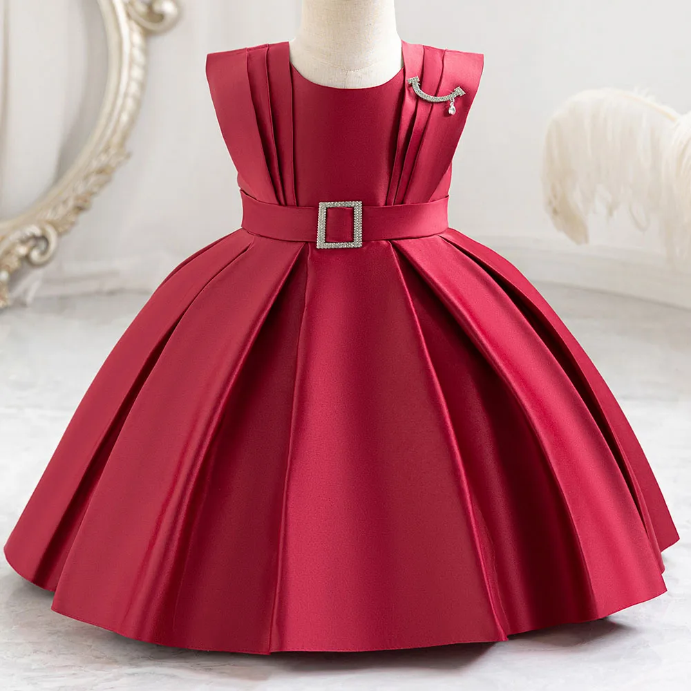 

HETISO 1-5 Years Children Girls Christmas Dress Sleeveless Solid Red Satin Baby Toddler Birthday Wedding Party Fashion Wear