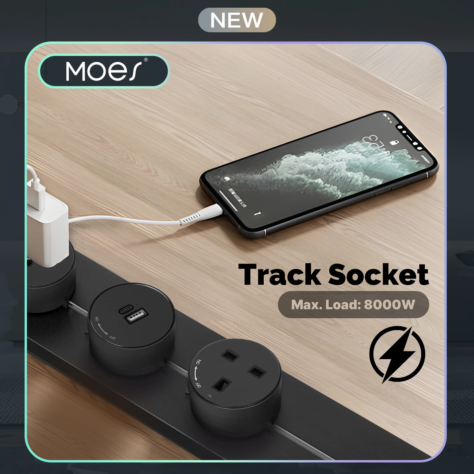 MOES Wall Power Track Socket Movable Guide Slide Rail Desk Home Kitchen Office Electric Plug Adapter EU UK USB Type-C Universal