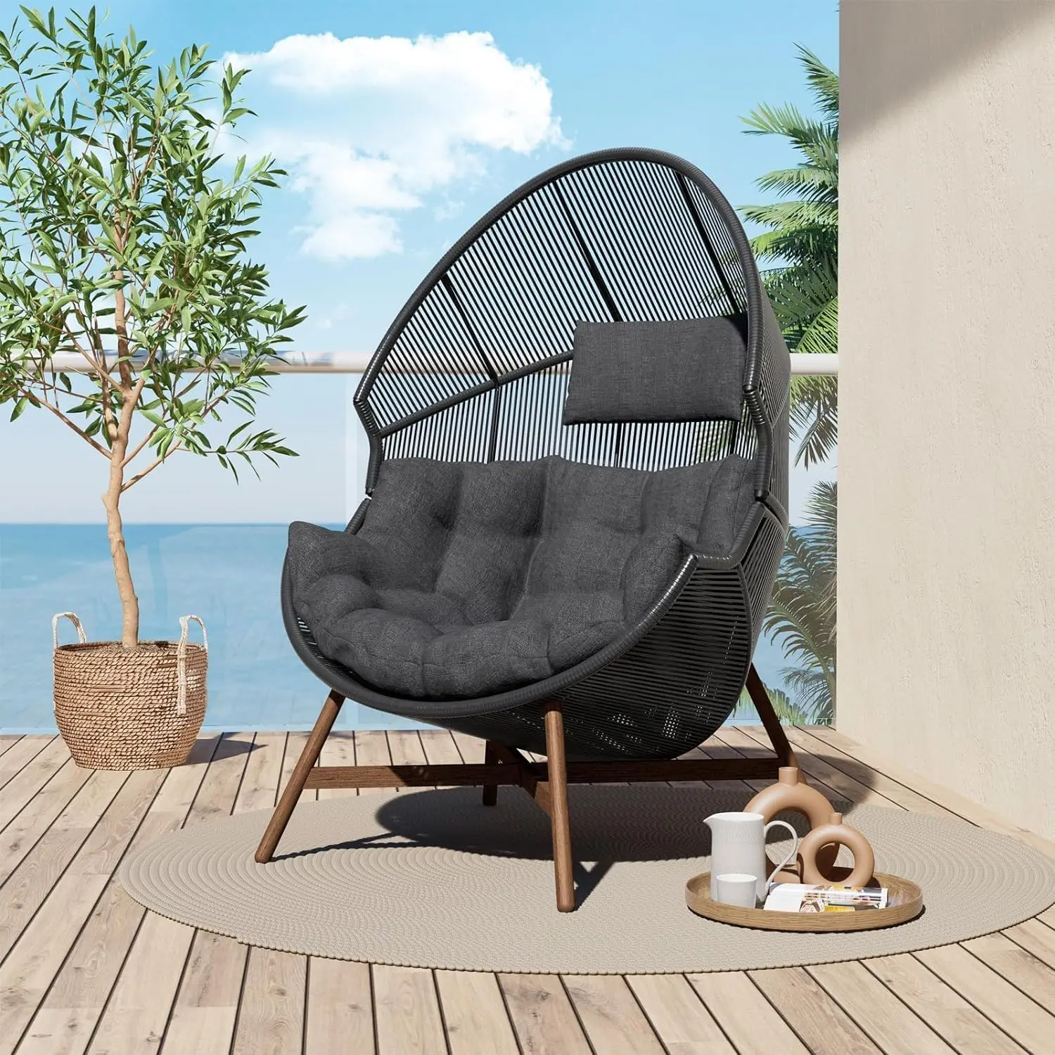

Outdoor Egg Chair Pe Wicker Wood Grain Finish Comfortable Conversation Chair With Olefin Cushion Oversized Lounger Chair With
