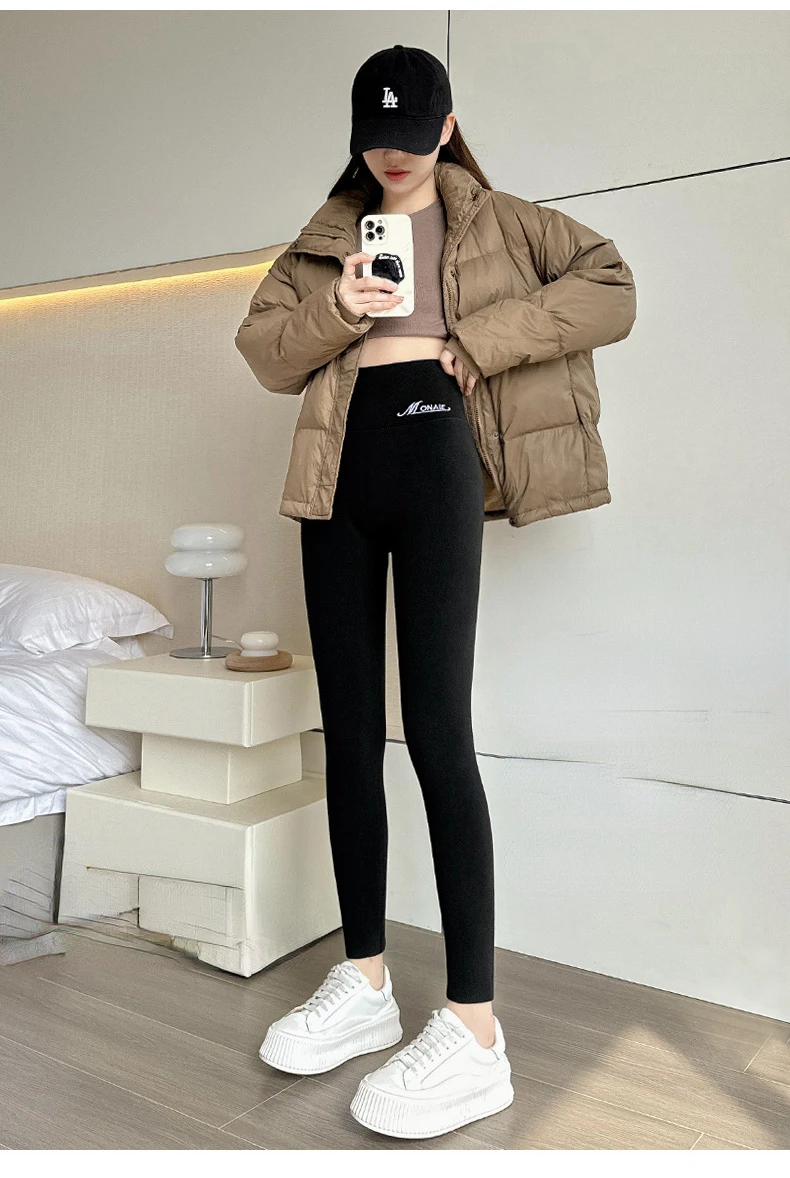 Winter-Kaschmir-Leggings für Damen, solide warme Leggings, hohe Taille, schlanke, dehnbare Hose, große Größe, Hinzufügen von Samt und Verdickungshosen – Detail 8