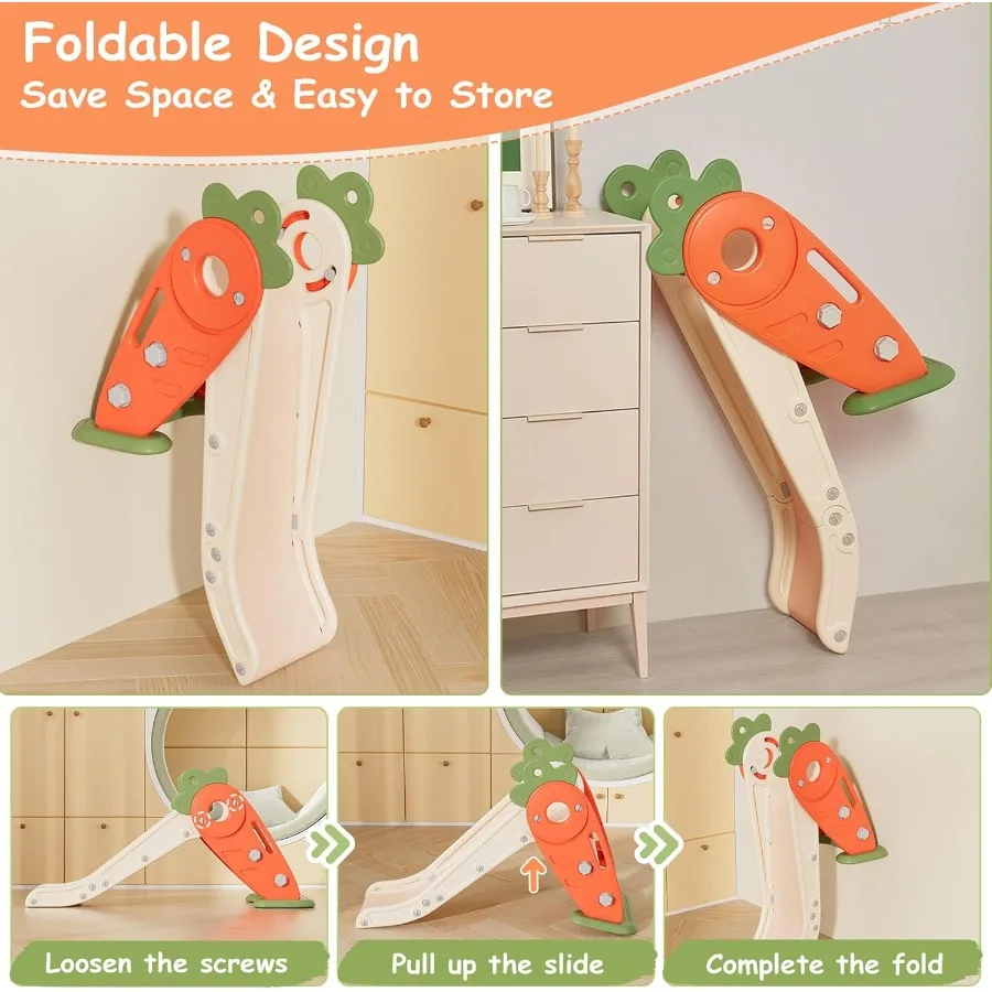 BIERUM Toddler Slide 3 in 1 Indoor Foldable Slide for Toddlers Age 1-2 Carrot Theme Freestanding Slide Baby Play Slide Indoor a