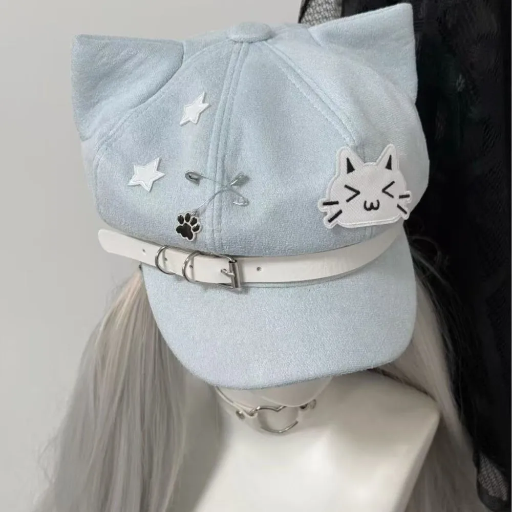 Cute Kitten Ears Beret Hat Subculture Faux Suede Newsboy Cap with Belt decoration Cat Paw Octagonal Cap