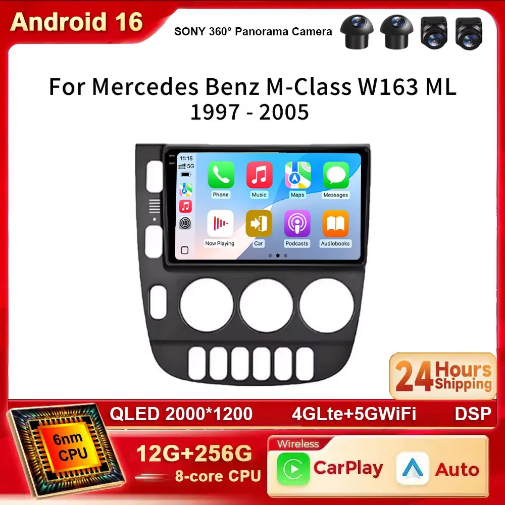 Android 16 Carplay Autoradio für Mercedes Benz M-Klasse W163 ML 1997 - 2005 Navigation Multimedia-Player Stereo WiFi 4G Video BT