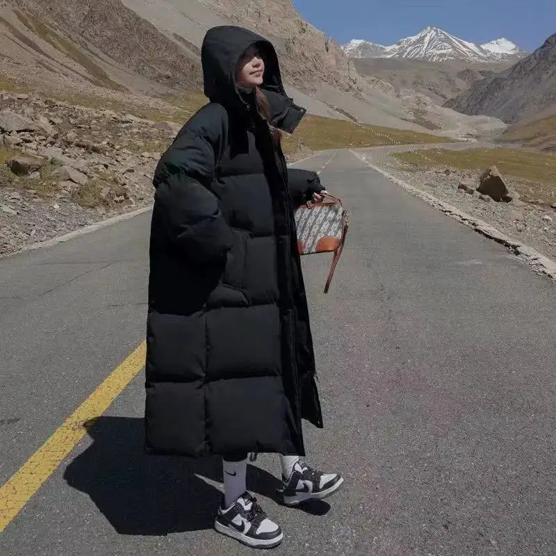 Winter Women Streetwear Thermal Solid Coat New Midi Parkas Loose Hoodies Long Sleeve Oversize Young Style All-Match Down Jacket