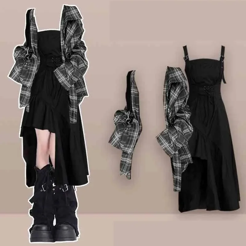 2026 Autumn New Korean Elegant Retro Dress Matching Set Women's Fashion Plaid Long Sleeve Shirt+Sexy Strap Skirt Two Piece Suit